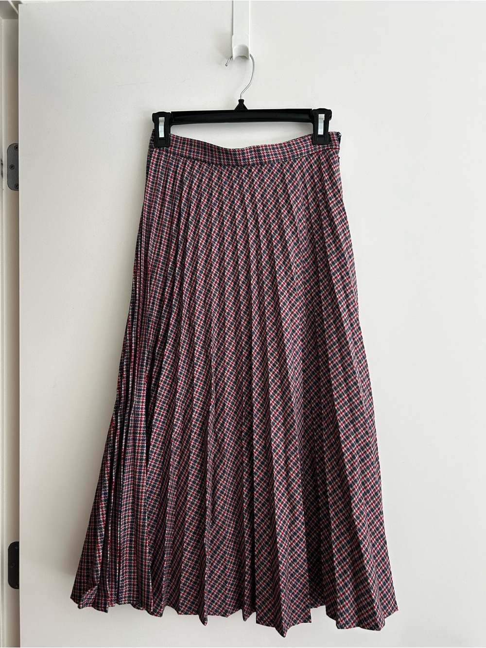 Anthropologie Pleated Plaid Houndstooth Midi Skirt - Pink & Black XS